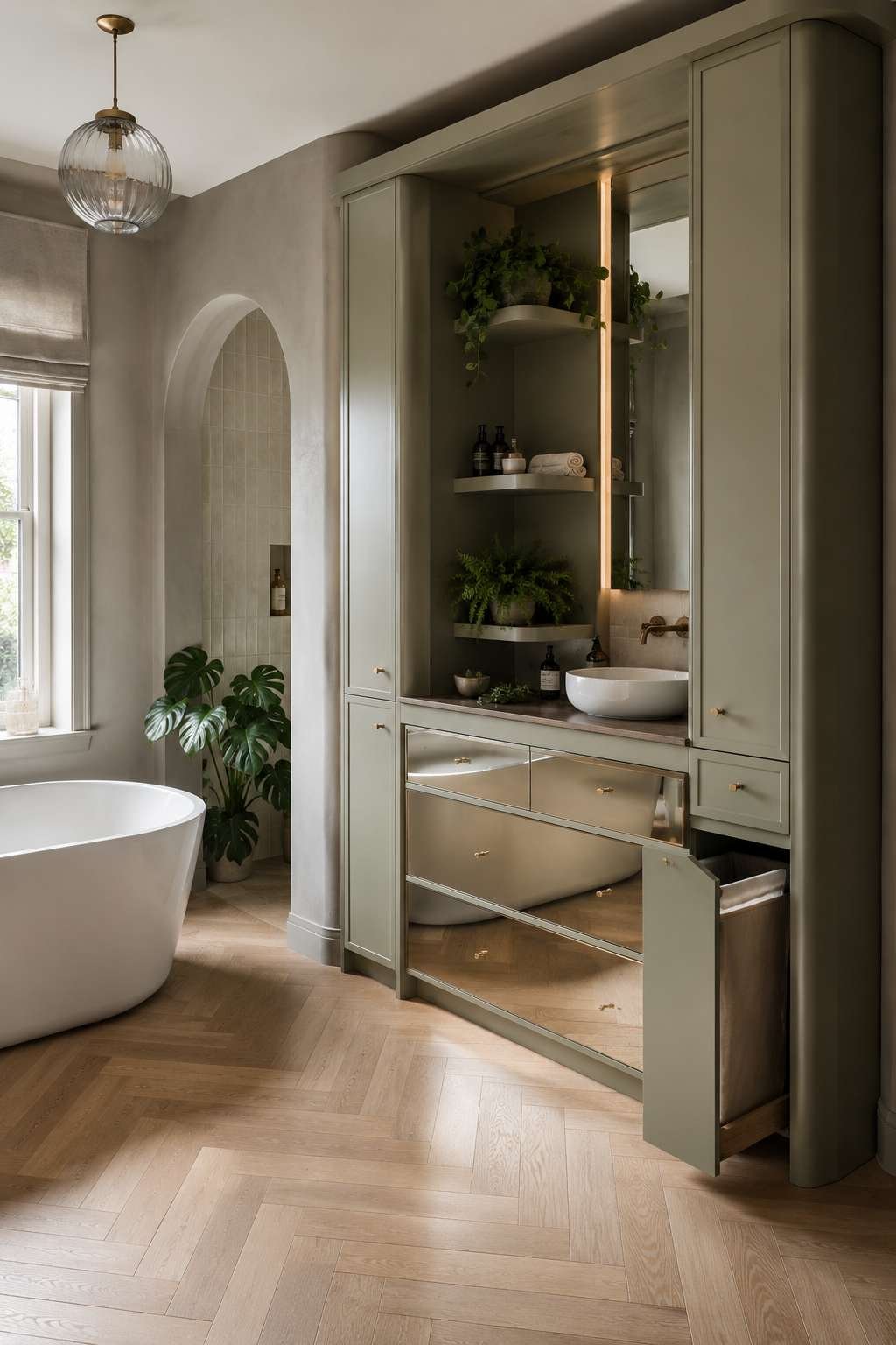 Organised Elegance: Sage Green Vanity Tower with Integrated Storage