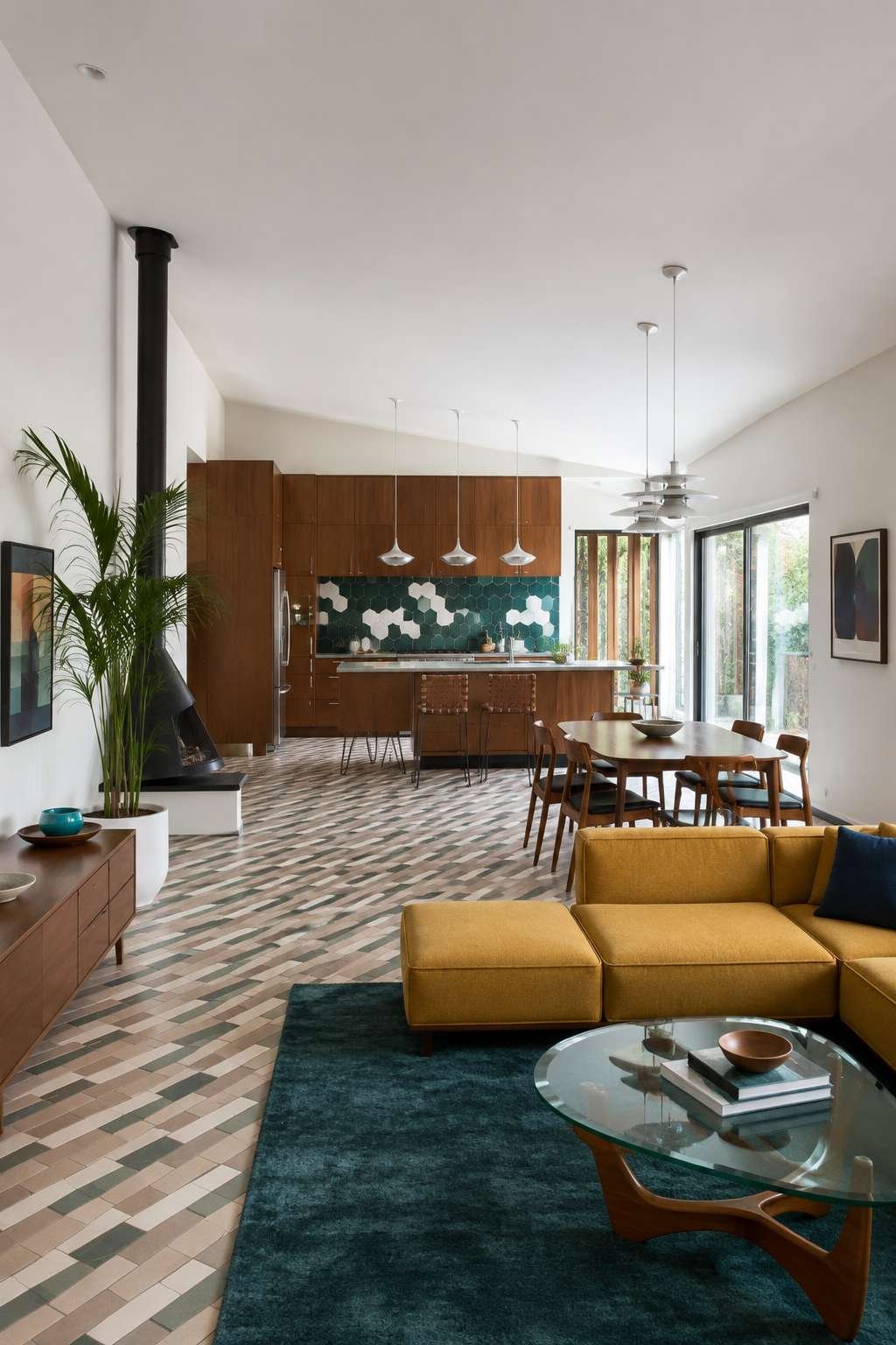 Mid-Century Modern Open Kitchen With Hairpin Legs and Hex Tile