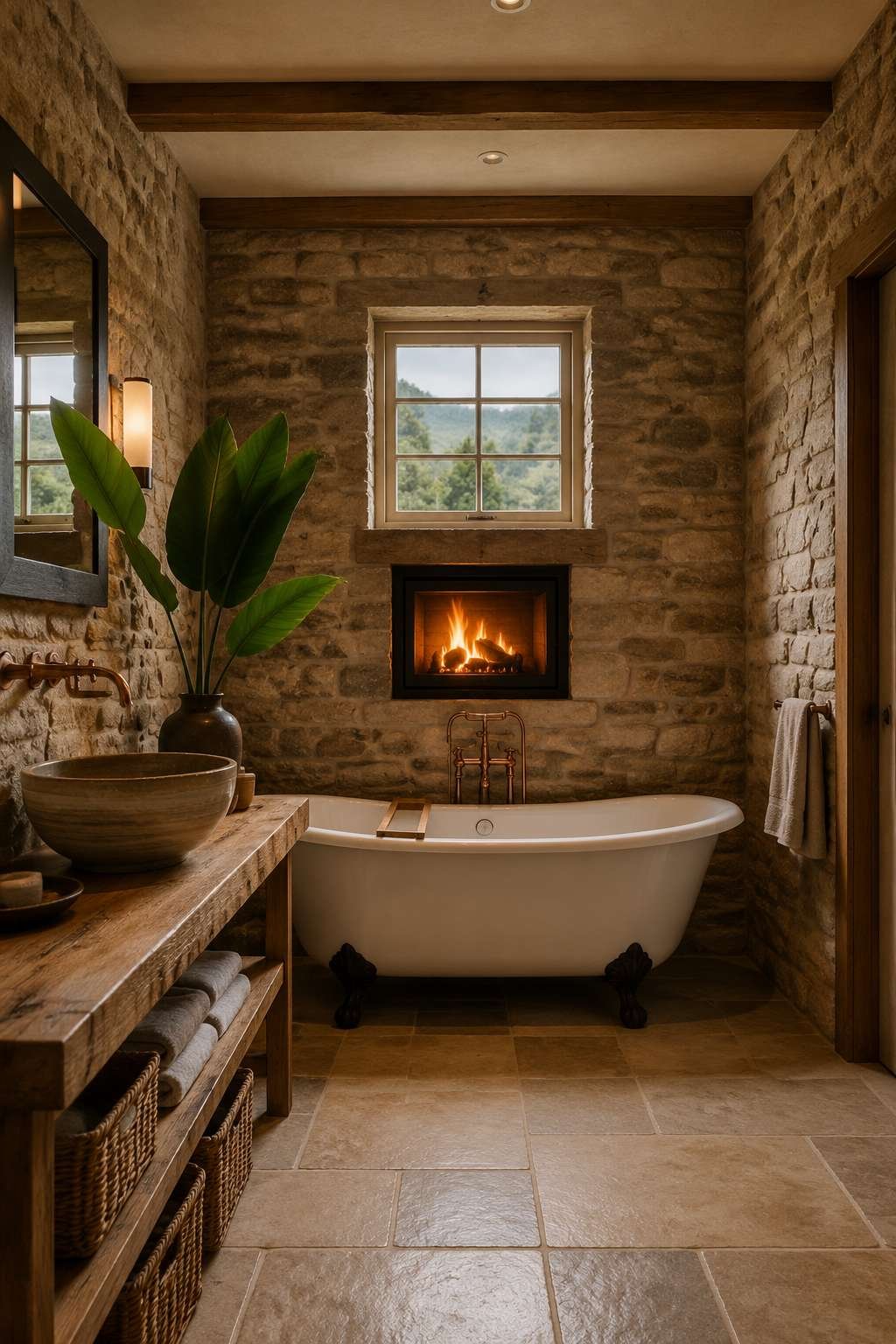 Countryside Romantic: Rustic Stone Walls and a Roll-Top Bath
