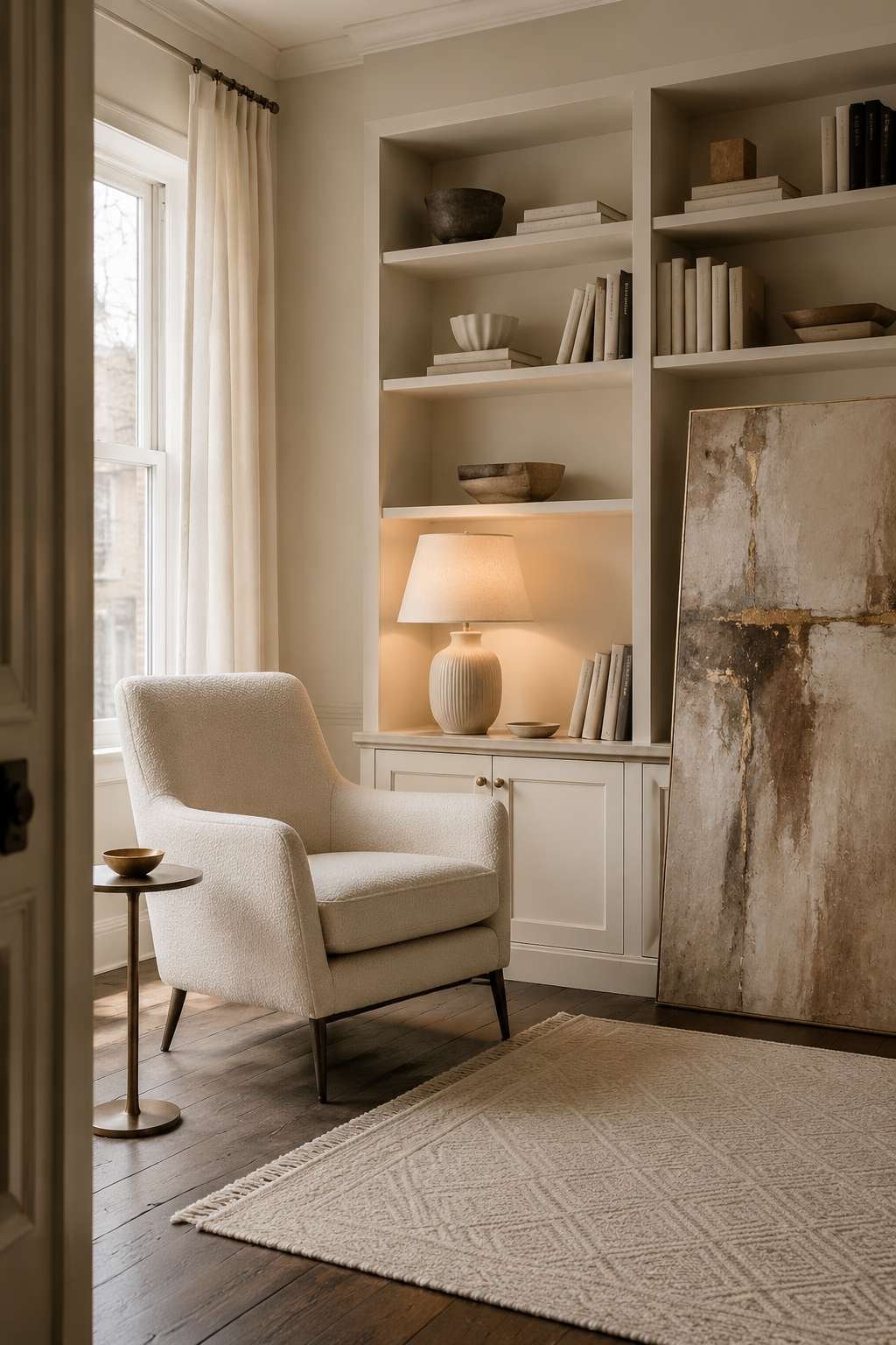 The Perfect Vignette: Boucle Armchair and Cream Bookshelf Styling