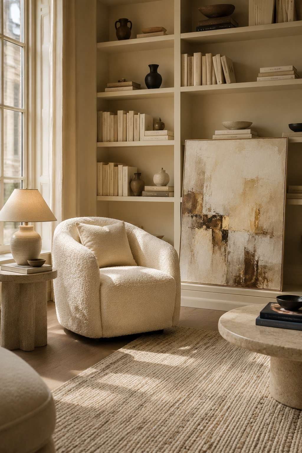 The Perfect Vignette: Boucle Armchair and Cream Bookshelf Styling