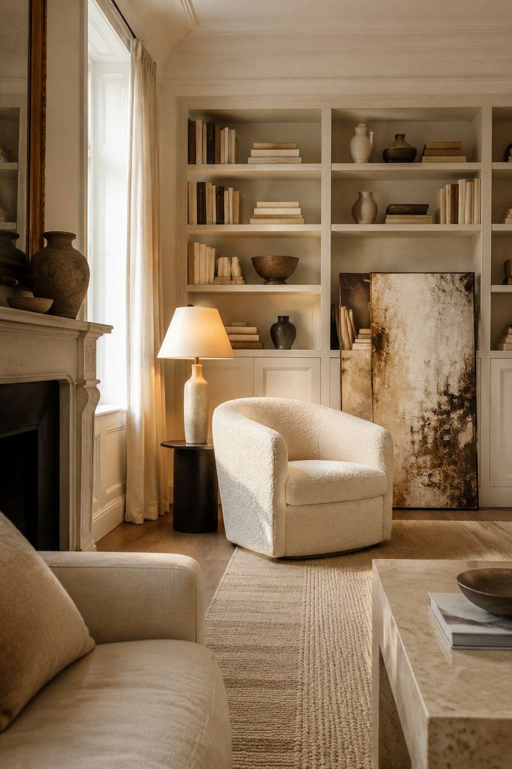The Perfect Vignette: Boucle Armchair and Cream Bookshelf Styling