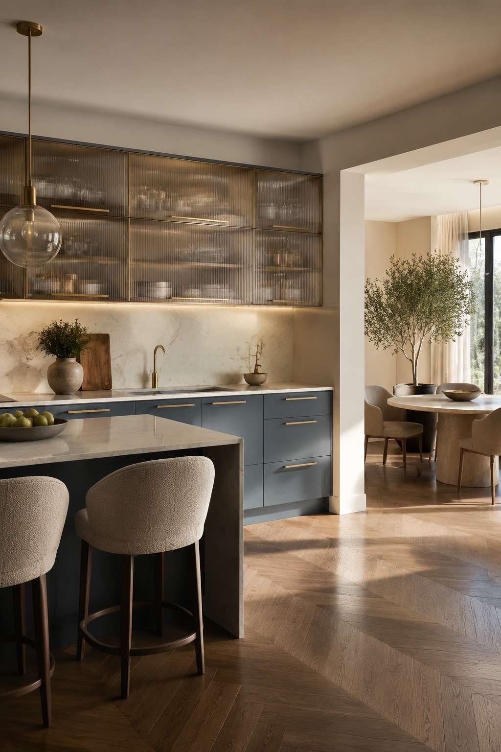 Fluted Glass Cabinet Open Kitchen With Textural Light Play