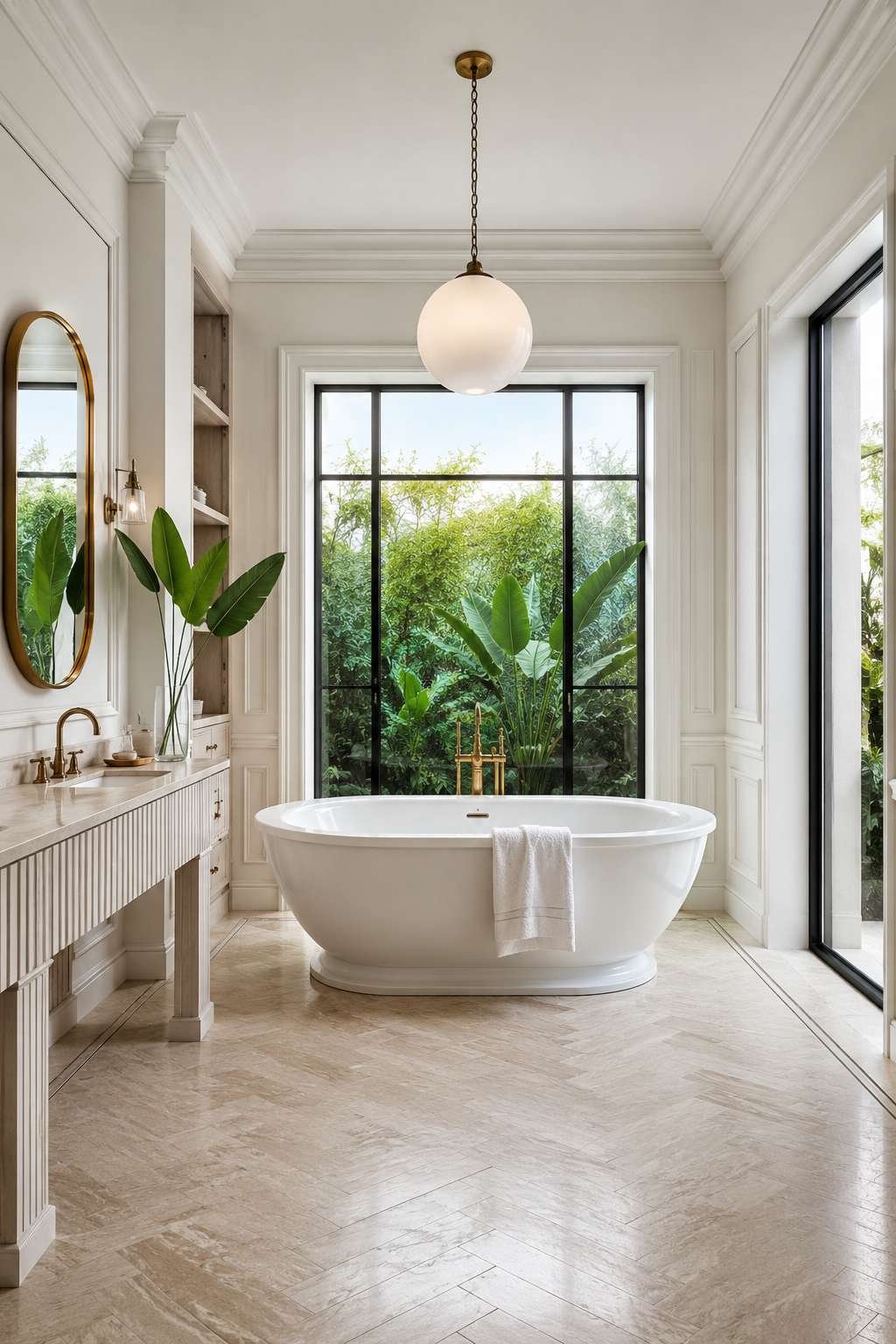 Modern Classical: Fluted Stone Vanity and Grecian Column Detail
