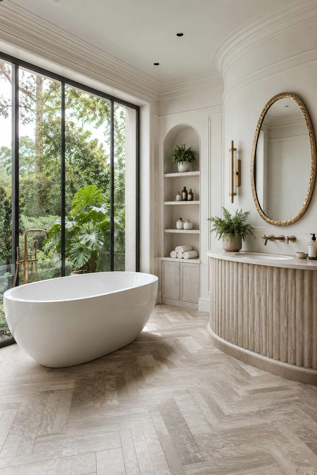 Modern Classical: Fluted Stone Vanity and Grecian Column Detail