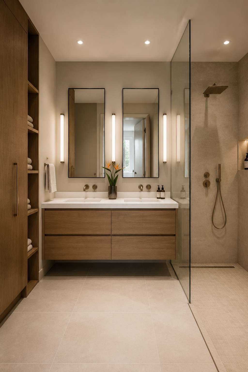 Transitional Harmony: Quarter-Sawn White Oak and Frameless Glass