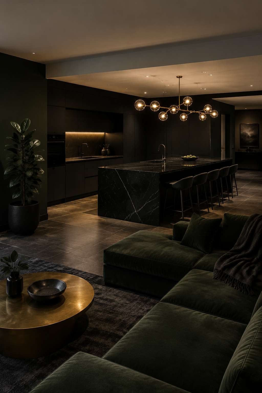 Dark Moody Open Kitchen With Forest Green Living Zone