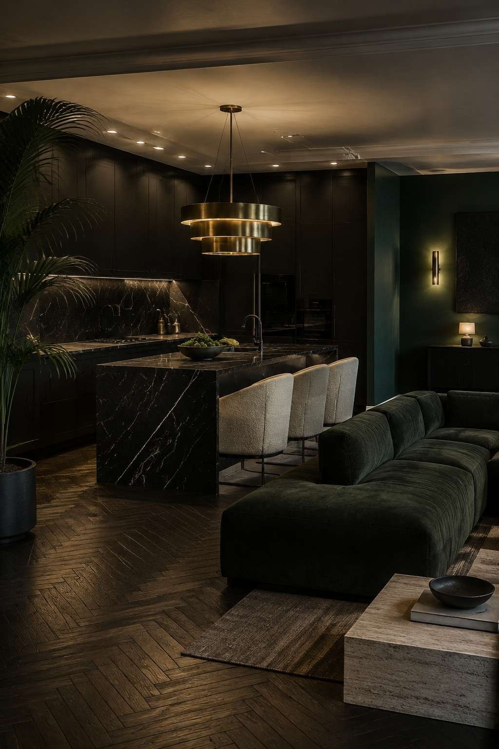 Dark Moody Open Kitchen With Forest Green Living Zone