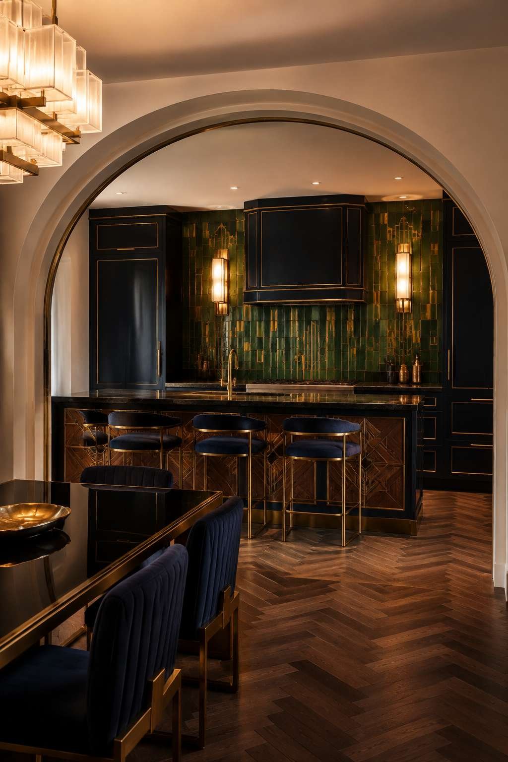 Art Deco Open Kitchen With Gold Detail and Curved Archway