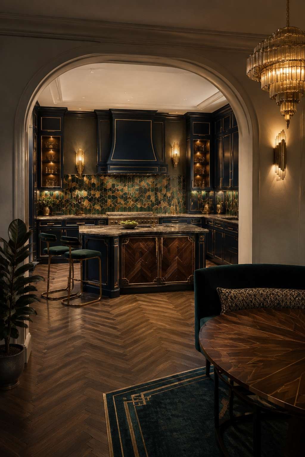 Art Deco Open Kitchen With Gold Detail and Curved Archway