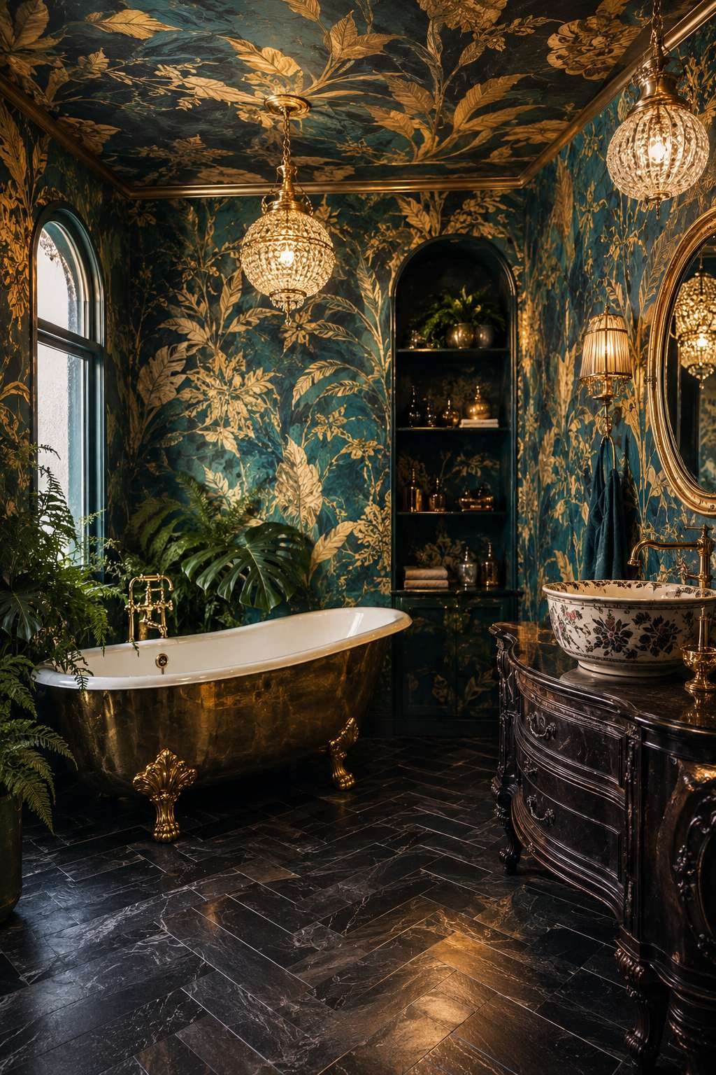 The Jewel Box: Botanical Wallpaper and a Gilded Claw-Foot Tub