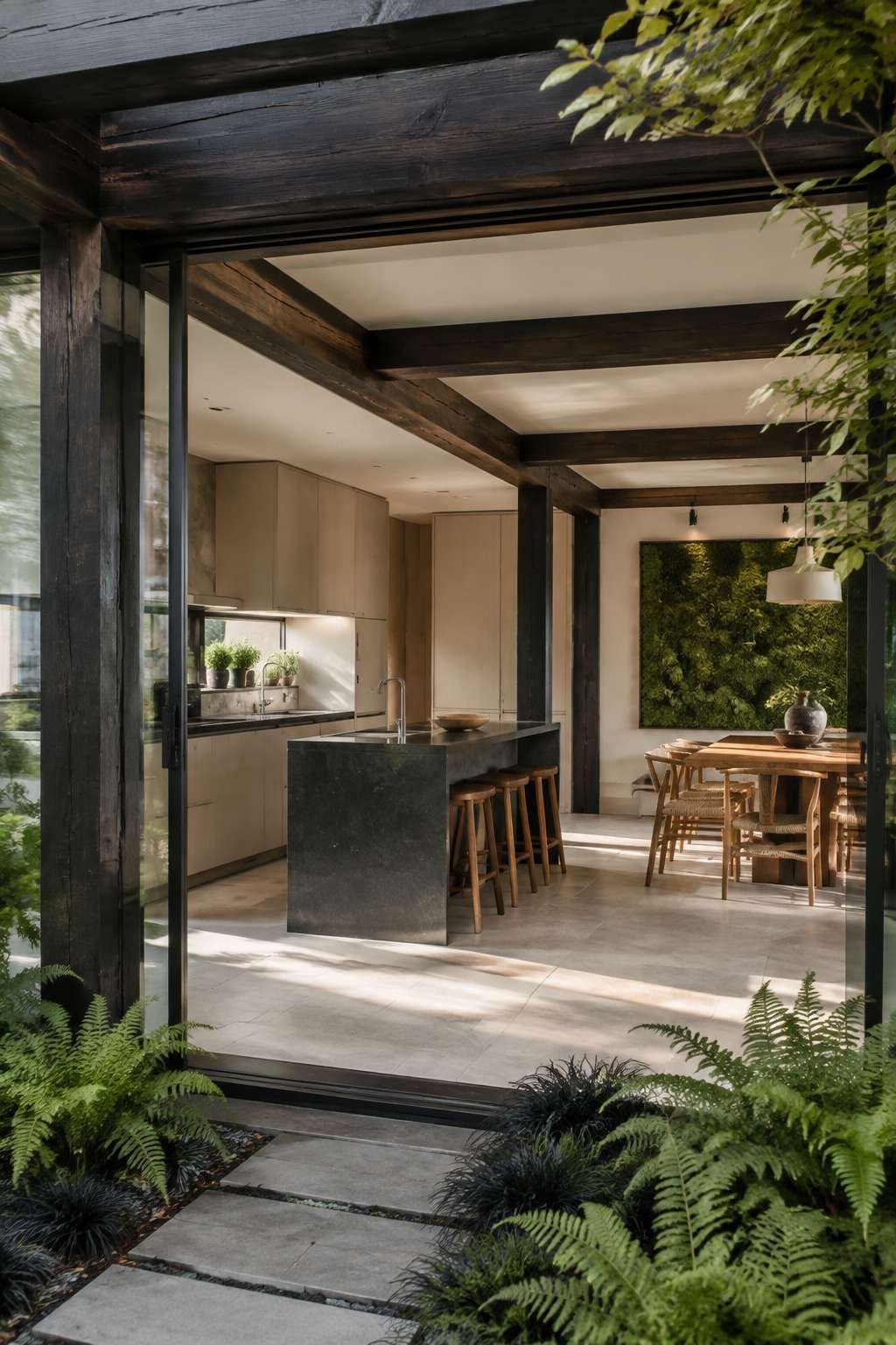 Biophilic Open Kitchen With Garden Connection and Natural Materials