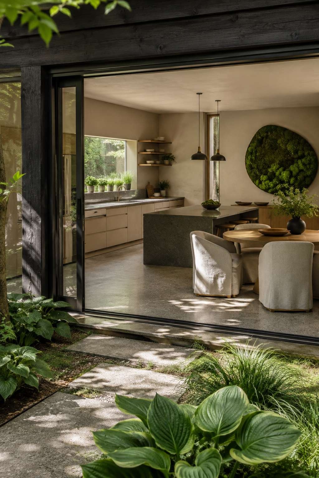 Biophilic Open Kitchen With Garden Connection and Natural Materials
