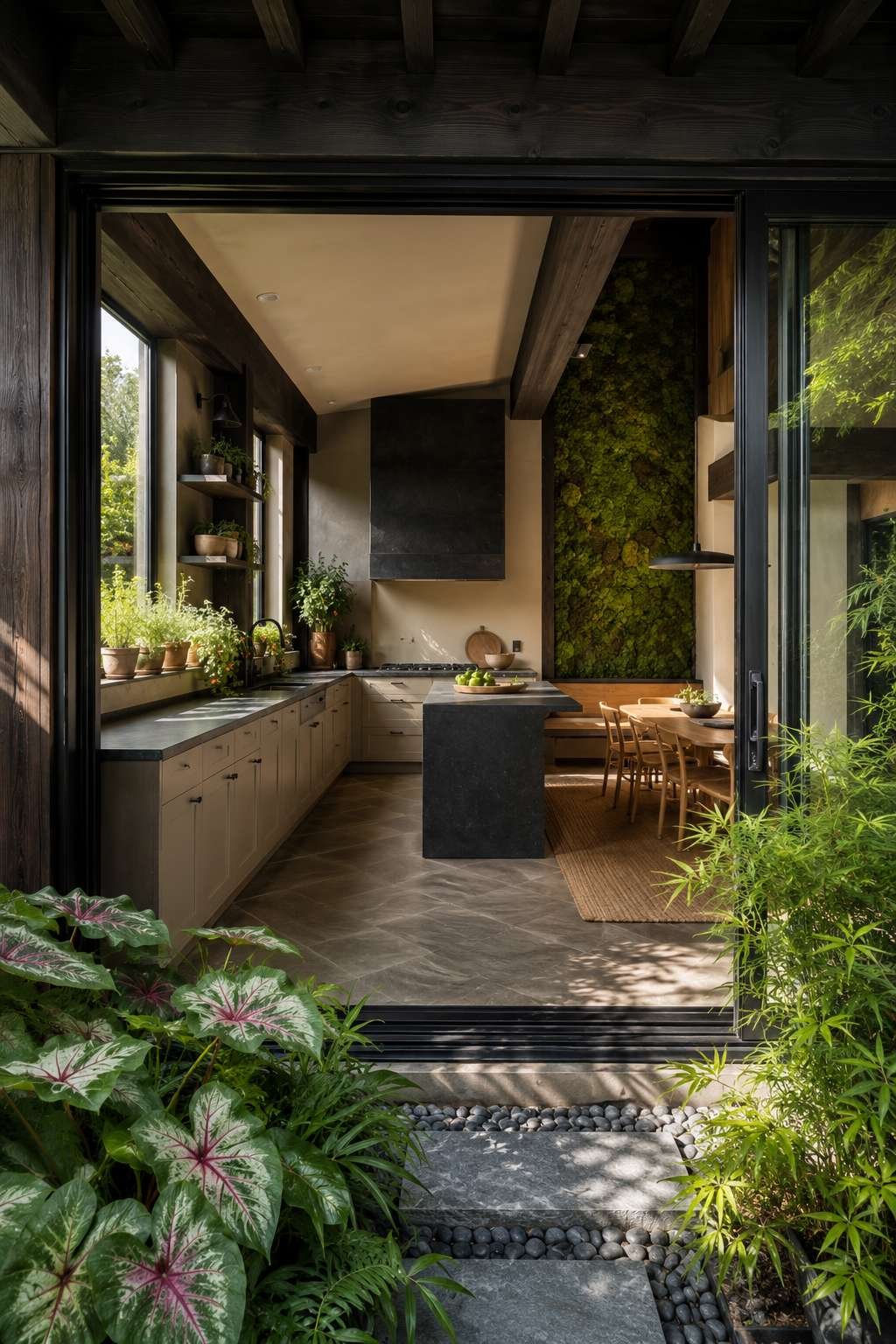 Biophilic Open Kitchen With Garden Connection and Natural Materials